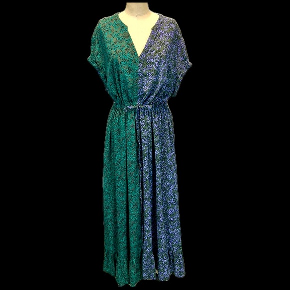 Moody floral patchwork colorblock long maxi dress short sleeve drawstring waist - Picture 1 of 12